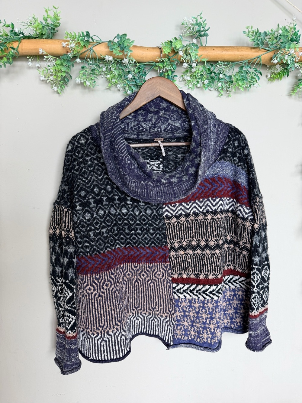 Free People Cowl Neck Patchwork Knit Sweater | size small